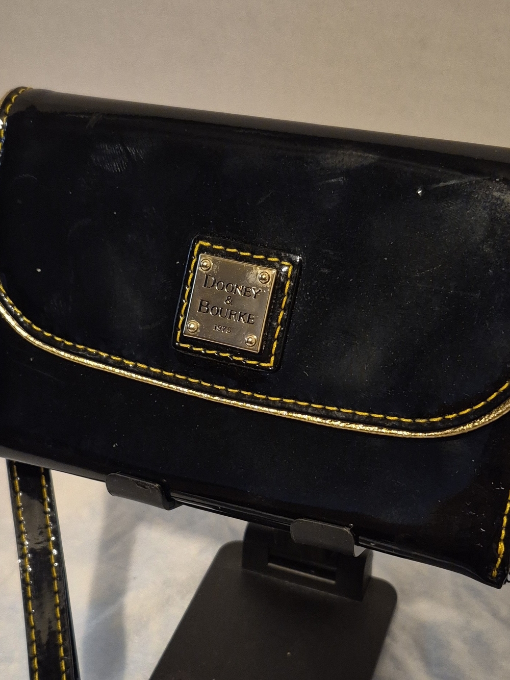 Dooney & Bourke Black Patent Crossbody with Yellow Stitching